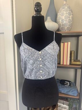 American Eagle Blue & White Printed Crop Cotton/Linen Tank - Size S